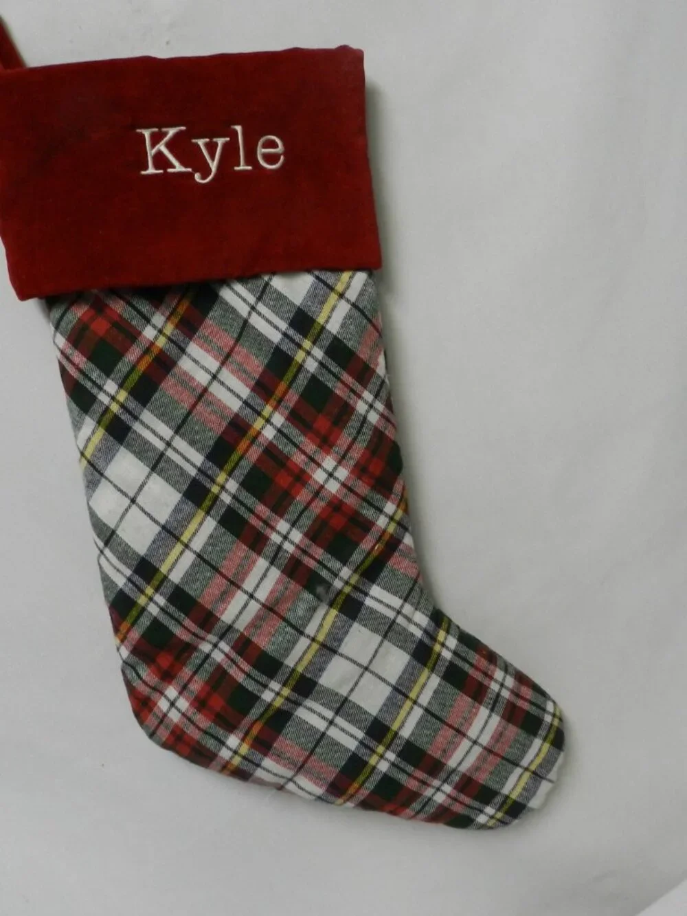 Pottery Barn Embroidered Kyle Christmas Stocking red Velvet Tartan plaid